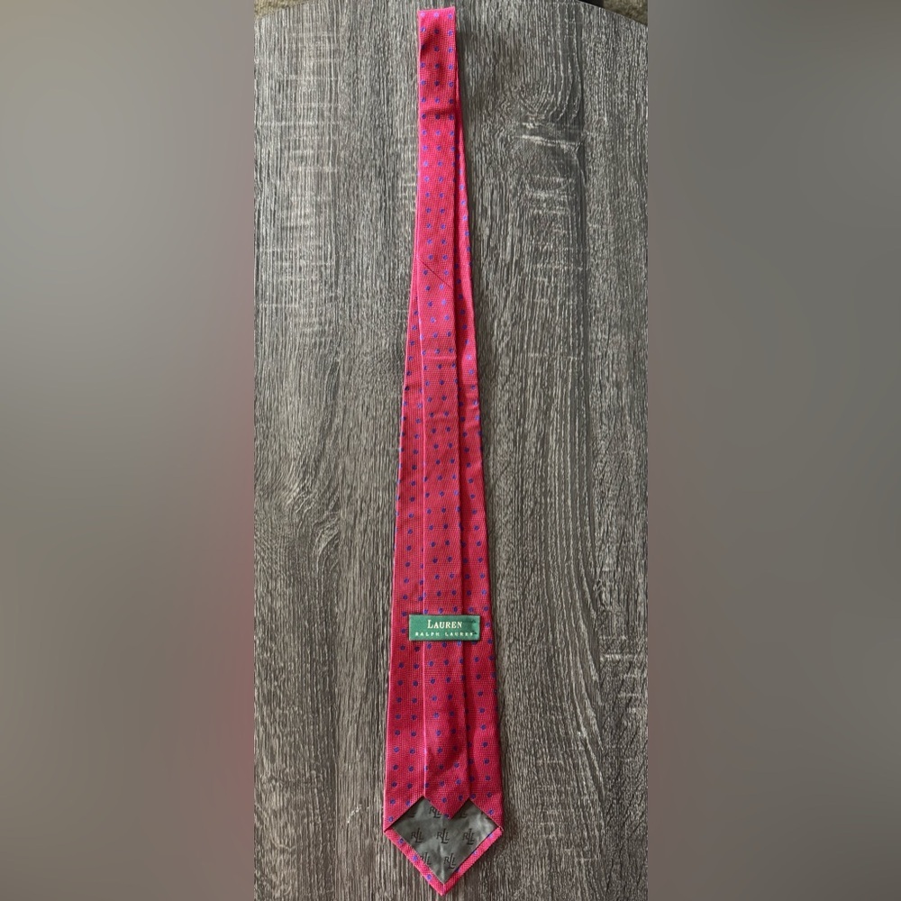 Lauren Ralph Lauren Blue & Red Polka Dot Linen Silk Blend Tie - Picture 4 of 8